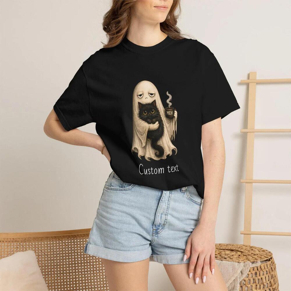 Meh Ghost Cat T-Shirt, Funny Black Cat Halloween Gift, Spooky